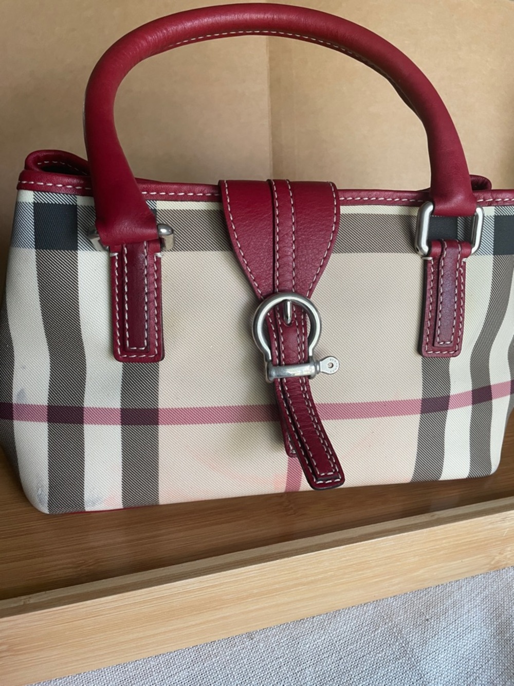 Mini Burberry Plaid Satchel with Red Trim and Handles